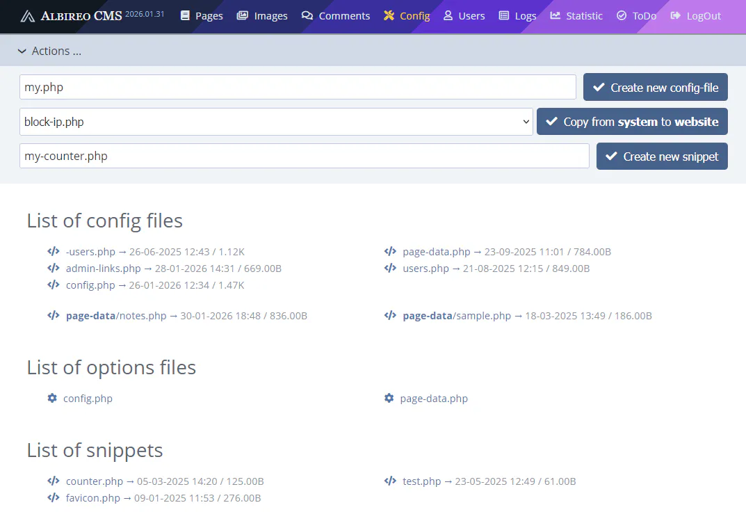 Создание config-файлов в Albireo CMS