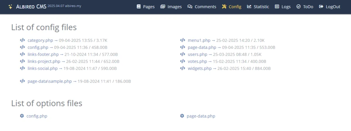 Список config-файлов Albireo CMS Список config-файлов Albireo CMS