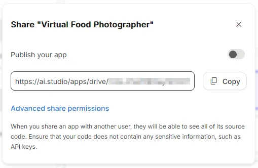 Окно, где можно создать ссылку приложения