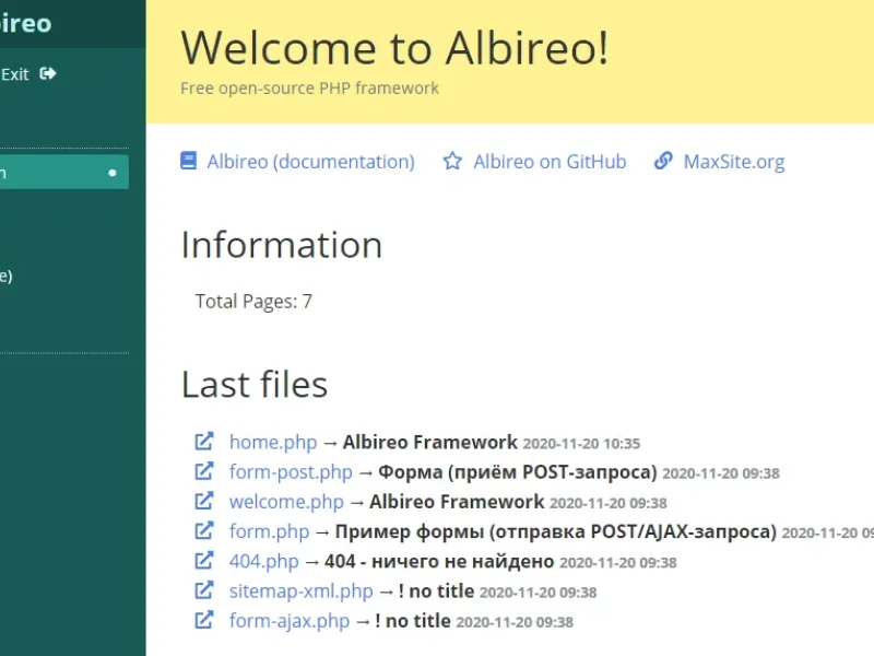 Админ-панель для Albireo Framework